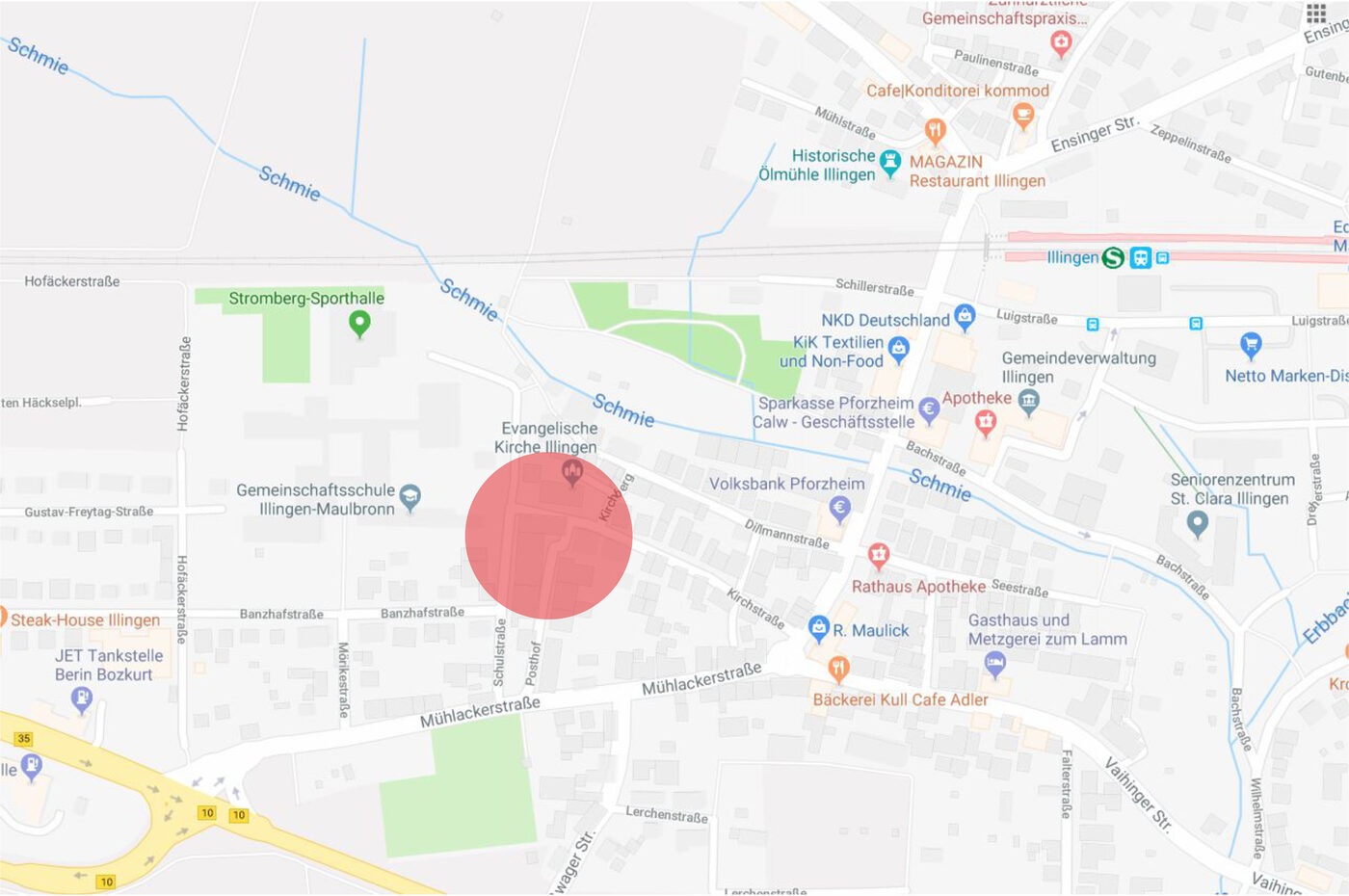 Lageplan Posthof Illingen – der rote Kreis markiert den Veranstaltungsort